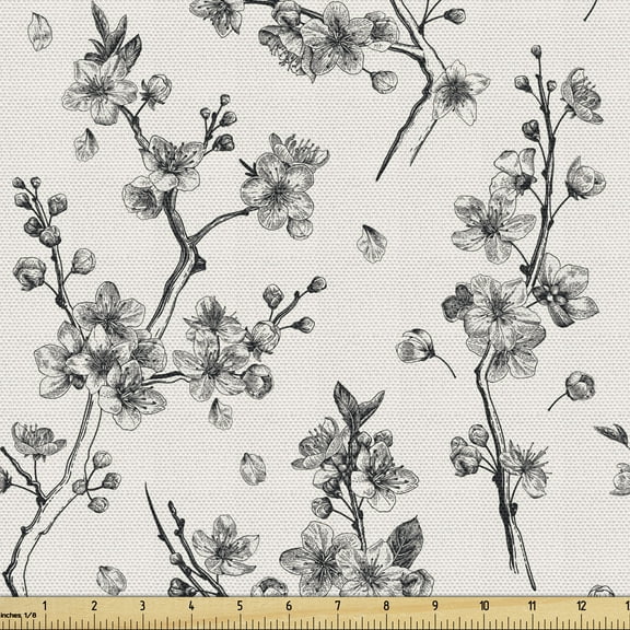 Ambesonne Vintage Botany Fabric by the Yard Upholstery, Sakura Bloom Sketch, 2 Yards, Champagne Charcoal Grey