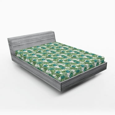 Ambesonne Vintage Botany Fitted Sheet, Exotic Palm Tree, California King, Pale Green Dark Seafoam