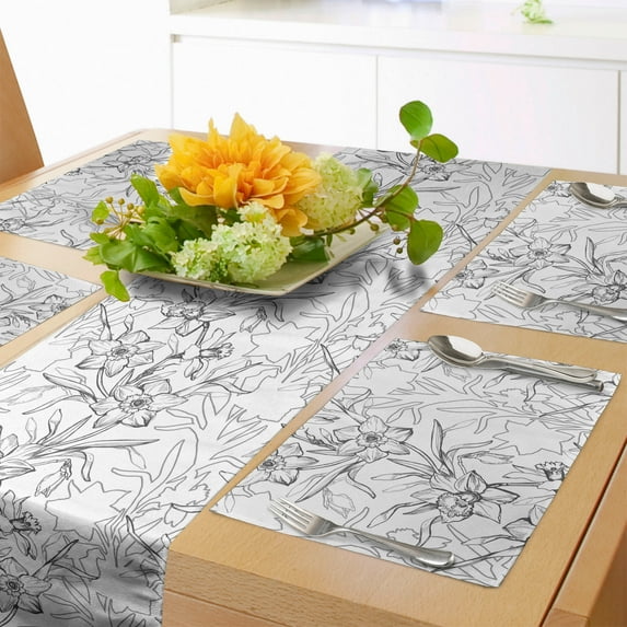 Ambesonne Vintage Botany Table Runner & Placemats, Greyscale Daffodils, Placemat 4 pcs + Runner 14"x72", Dark Grey White