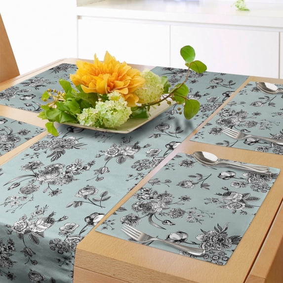 Ambesonne Vintage Botany Table Runner & Placemats, Pastel Tone Bouquet, Placemat 4 pcs + Runner 14"x90", Seafoam Grey
