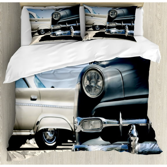 Ambesonne Vintage Car Duvet Cover Set, Fifties Wheels Print, Calking, Beige and Blue