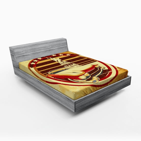 Ambesonne Vintage Car Fitted Sheet, American, Queen Size, Yellow Red Brown