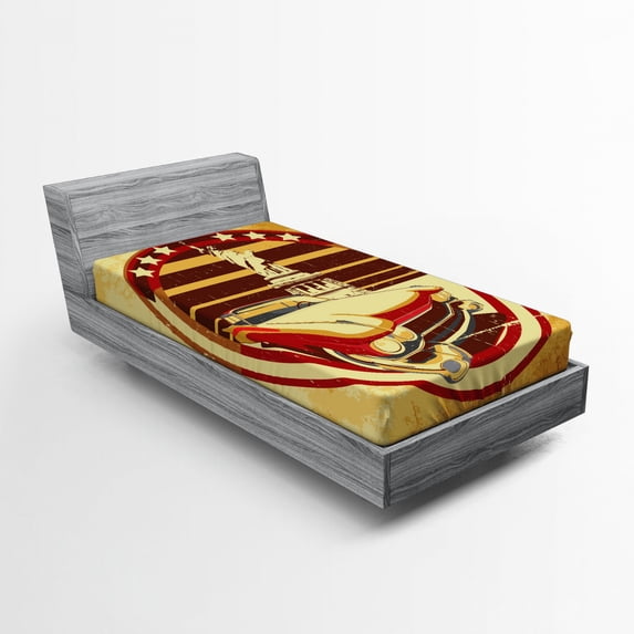 Ambesonne Vintage Car Fitted Sheet, American, Twin XL Size, Yellow Red Brown