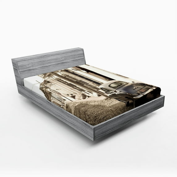 Ambesonne Vintage Car Fitted Sheet, Old Car Cuba Street, Full Size, Beige