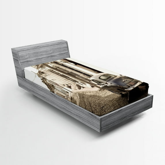 Ambesonne Vintage Car Fitted Sheet, Old Car Cuba Street, Twin XL Size, Beige