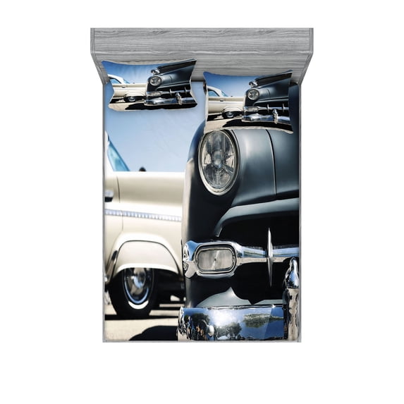Ambesonne Vintage Car Fitted Sheet & Pillow Sham Set, Fifties Wheels Print, Queen, Beige and Blue