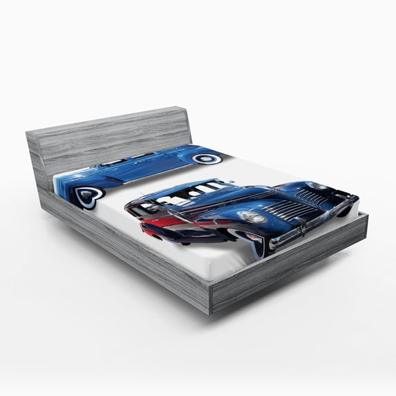 Ambesonne Vintage Car Fitted Sheet, Retro Themed Car Print, Queen Size, Blue and Red