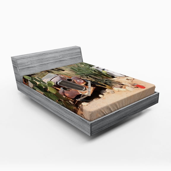 Ambesonne Vintage Car Fitted Sheet, Rusty Broken Car, Full Size, Brown Green