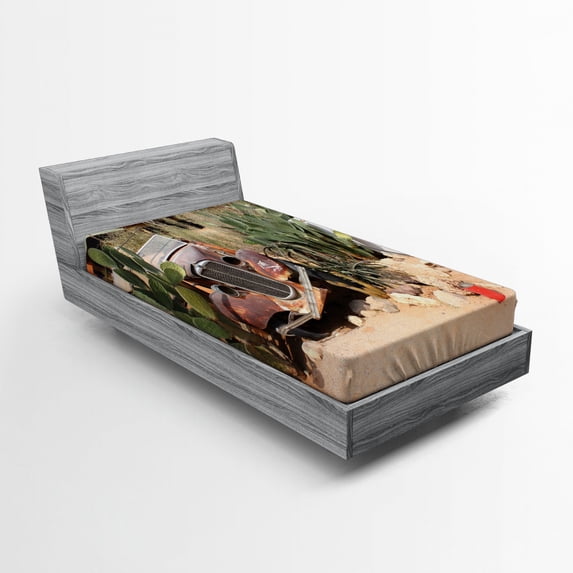 Ambesonne Vintage Car Fitted Sheet, Rusty Broken Car, Twin XL Size, Brown Green