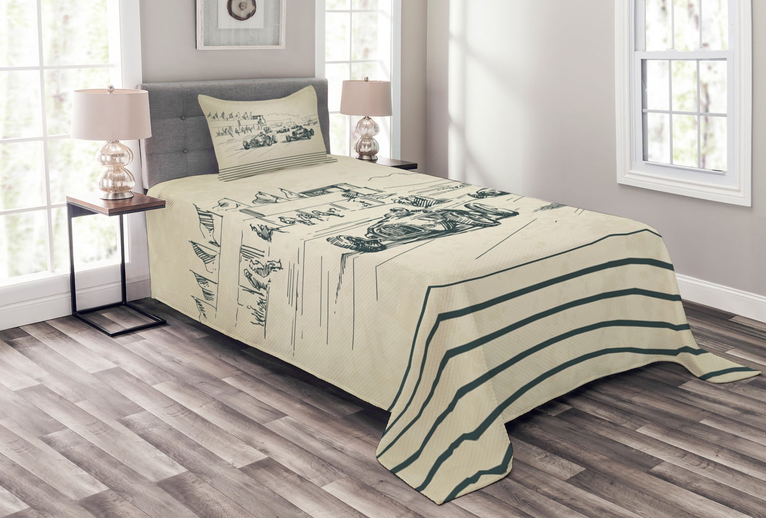 Twin Beige and Forest Green Racing Car Sketch Bedspread Set