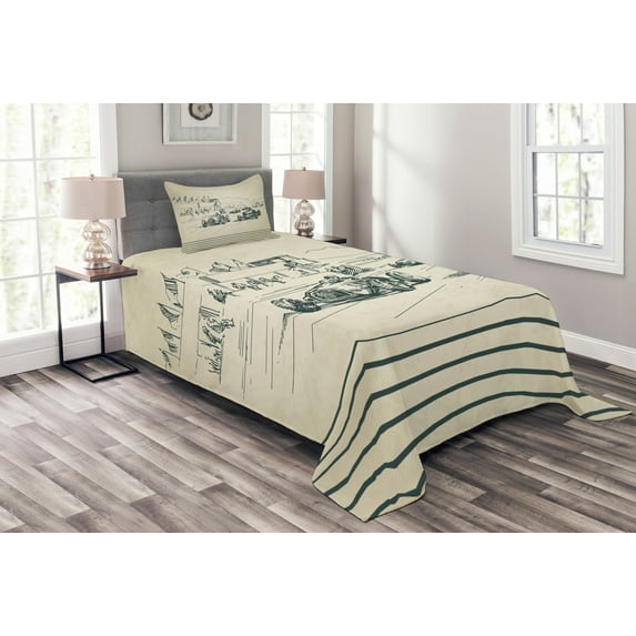 Ambesonne Vintage Car Quilted Bedspread Set 2 Pcs, Racing Cars Sketchy, Twin Size, Beige Forest Green