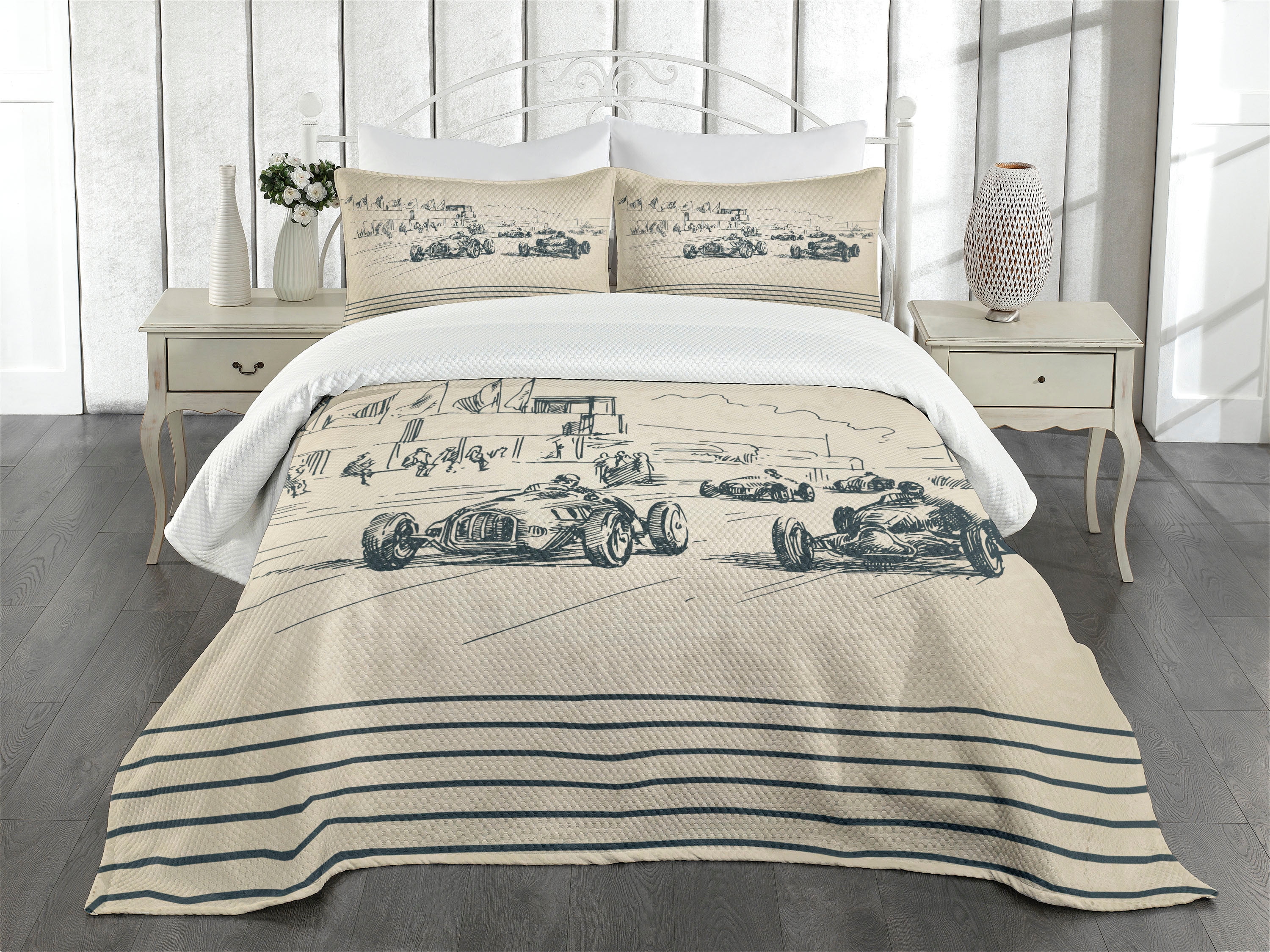 King Size White Quilted Bedspread Set with Racing Car Design