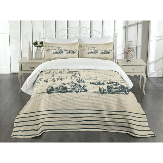 Ambesonne Vintage Car Quilted Bedspread Set 3 Pcs, Racing Cars Sketchy, King Size, Beige Forest Green