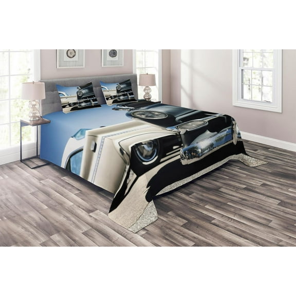 Ambesonne Vintage Car Quilted Coverlet 3 Pcs, Fifties Wheels Print, King Size, Beige and Blue