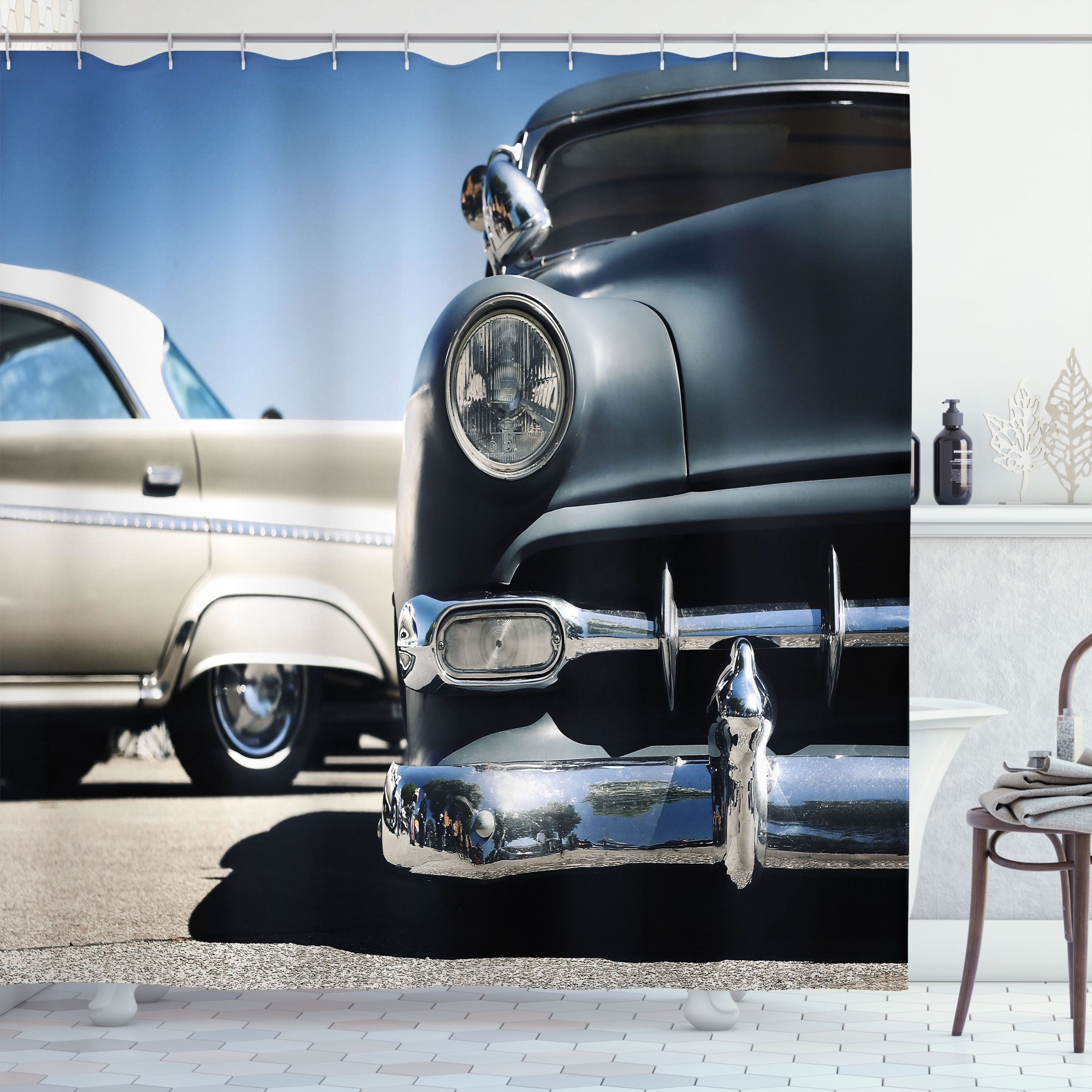 Ambesonne Vintage Car Shower Curtain, Fifties Wheels Print, 69"Wx70"L