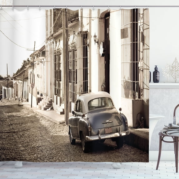 Ambesonne Vintage Car Shower Curtain, Old Car Cuba Street, 69"Wx84"L, Beige
