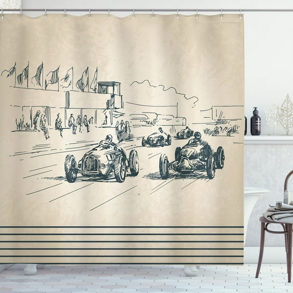 Ambesonne Vintage Car Shower Curtain, Racing Cars Sketchy, 69"Wx70"L, Beige Forest Green