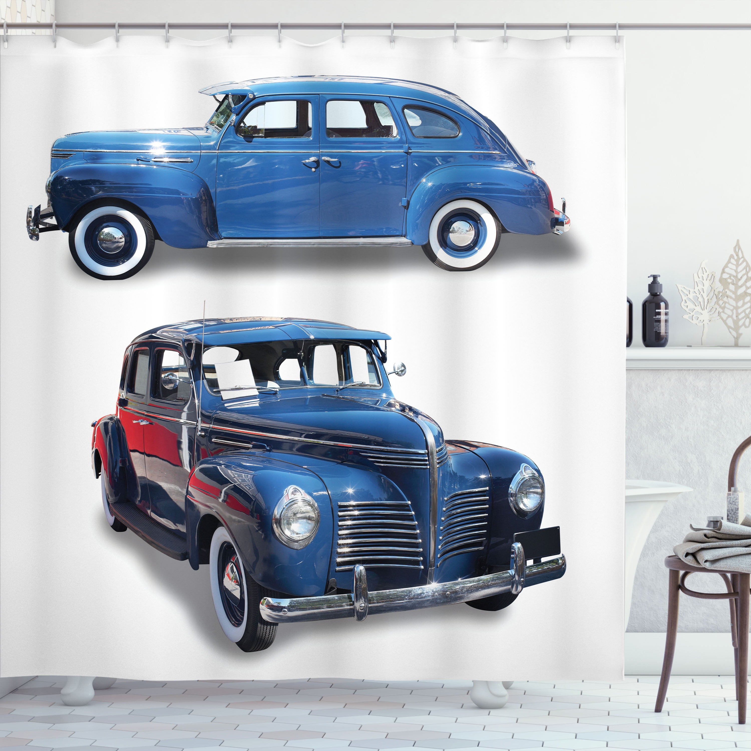 Ambesonne Vintage Car Shower Curtain, Retro Themed Car Print, 69"Wx70"L