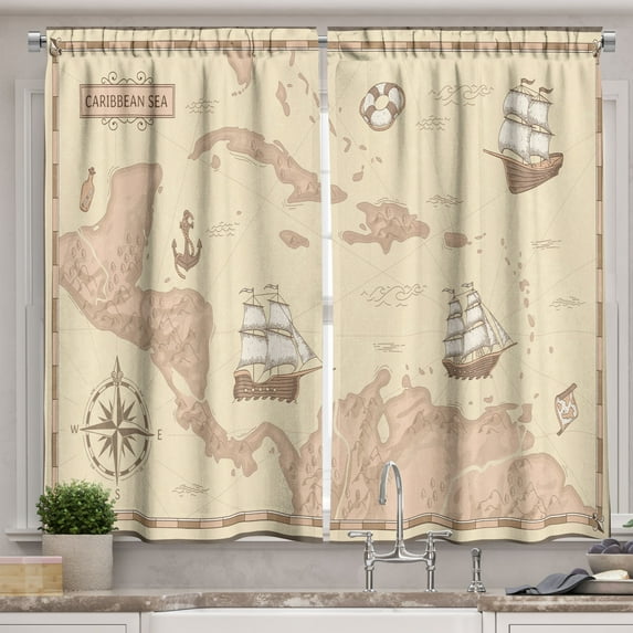 Ambesonne Vintage Cartography Kitchen Curtains, Pirate Routes, 55"x45", Pale Peach Eggshell