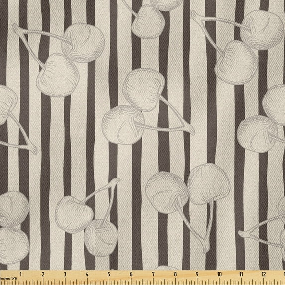 Ambesonne Vintage Cherry Fabric by the Yard Microfiber, Fruit Vertical Lines, 2 Yards, Dark Taupe and Pale Mustard