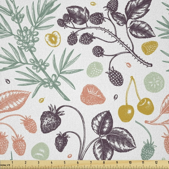 Ambesonne Vintage Cherry Fabric by the Yard Microfiber, Silhouette of Fruits, 1 Yard, Earth Yellow Pale Fuchsia