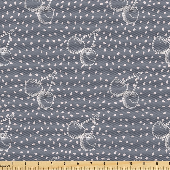 Ambesonne Vintage Cherry Fabric by the Yard Upholstery, Fruits with Dots Art, 1 Yard, Purpleblue Pale Eggshell