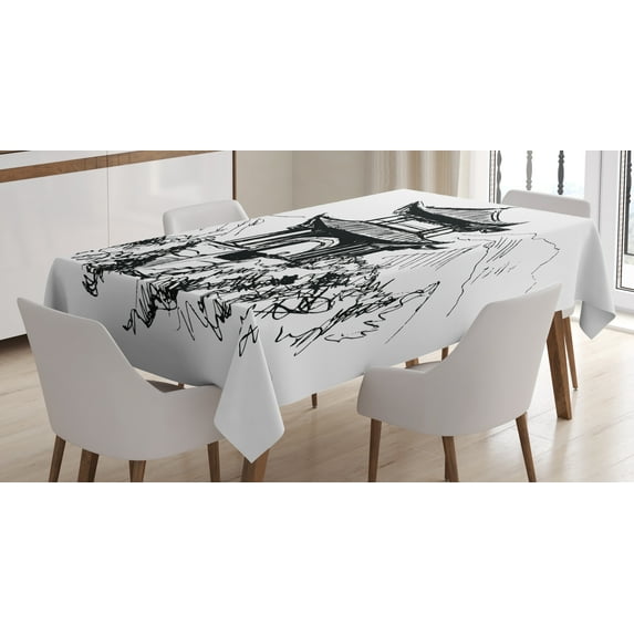 Ambesonne Vintage China Tablecloth Rectangular Table Cover, Sketch Pavilion, 60"x84", Black White