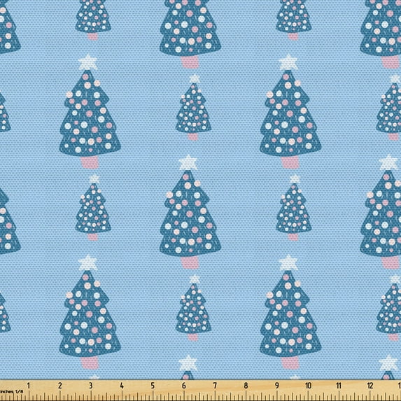 Ambesonne Vintage Christmas Fabric by the Yard Upholstery, Funny Pastel Tree, 1 Yard, Soft Pink Pale Sky Blue