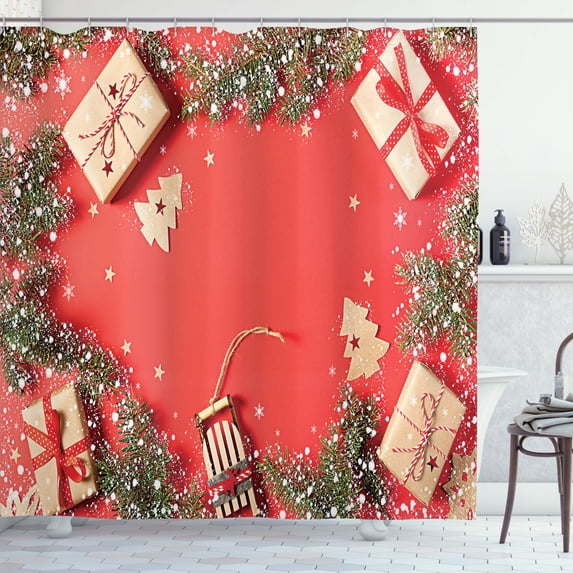 Ambesonne Vintage Christmas Shower Curtain, Gift Boxes Rustic, 69"Wx84"L, Burnt Sienna Fawn
