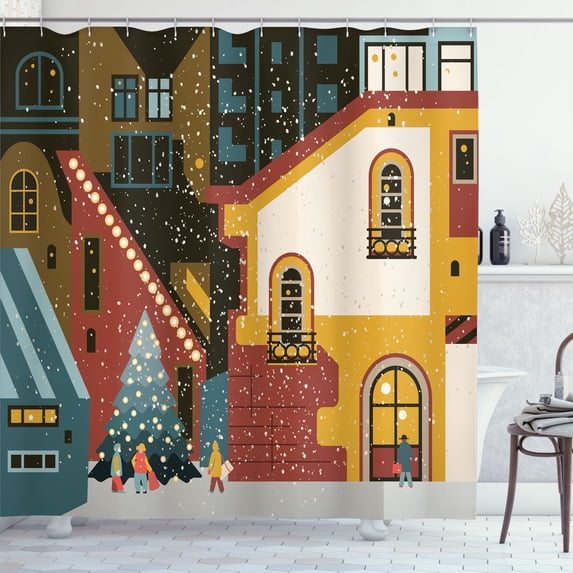 Ambesonne Vintage Christmas Shower Curtain, Xmas Winter City, 69"Wx75"L, Marigold Paprika Teal