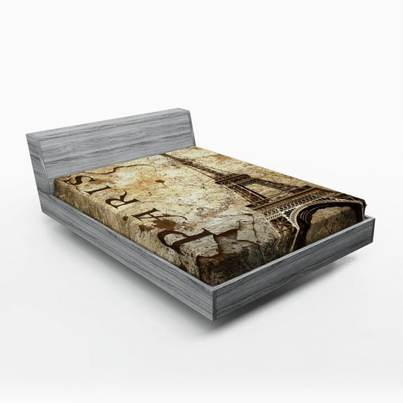 Ambesonne Vintage, Contemporary Brown, Beige, Multi-color Eiffel Tower Microfiber Fitted Sheets, Queen