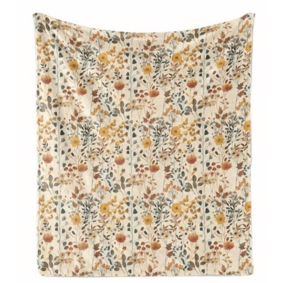 Ambesonne Vintage Cottagecore Floral Flannel Throw Blanket – Soft Amber & Slate Blue, 280gsm Polyester, Wildflower Illustration, All-Season Cozy Sofa Cover For Adults, Lightweight & Durable Design