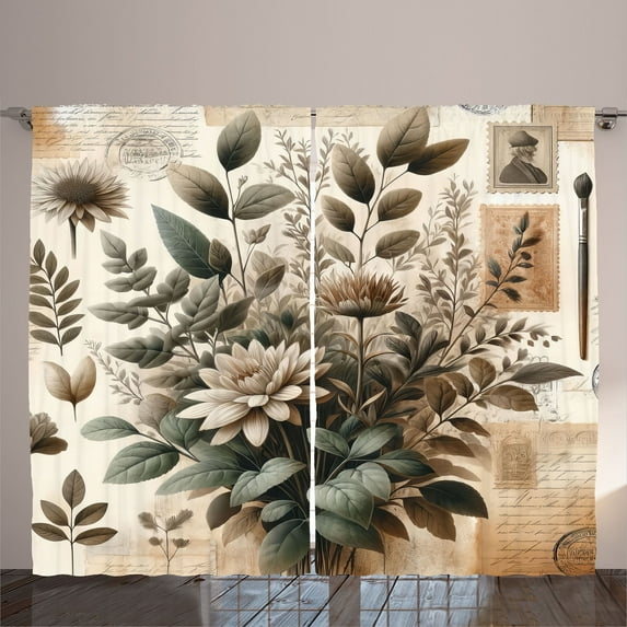 Ambesonne Vintage Curtains 2 Panel Set, Art Botany Nostalgia Leaves, 108" x 96", Beige Laurel Green Taupe