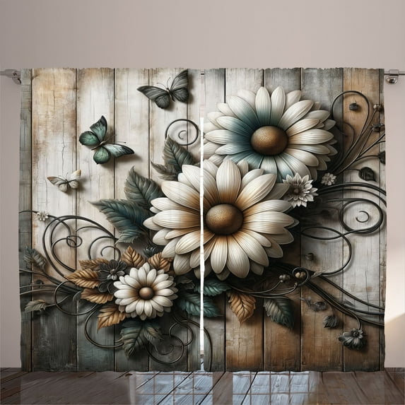 Ambesonne Vintage Curtains 2 Panel Set, Farmhouse Chamomiles Rustic, 108" x 96", Pale Tan Almond Teal