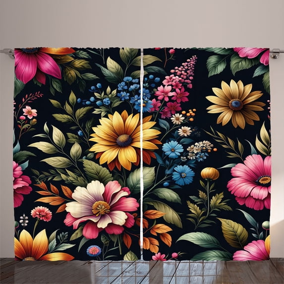 Ambesonne Vintage Curtains 2 Panel Set, Jungle Boho Spring Flowers, 108" x 96", Charcoal Grey Multicolor