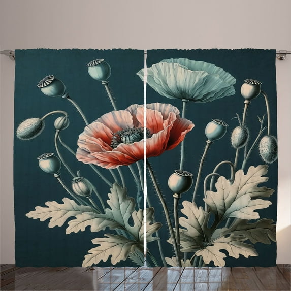 Ambesonne Vintage Curtains 2 Panel Set, Jungle Greenery Poppy Print, 108" x 63", Dark Teal Soft Blue