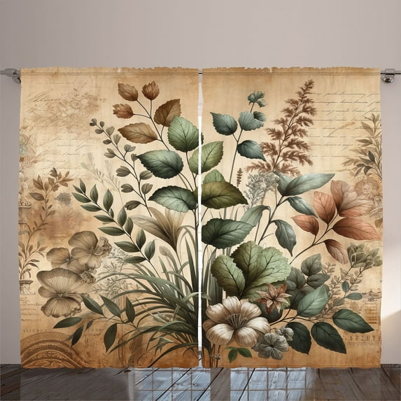 Ambesonne Vintage Curtains 2 Panel Set, Medieval Botany Leafy Art, 108" x 90", Laurel Green Sand Brown