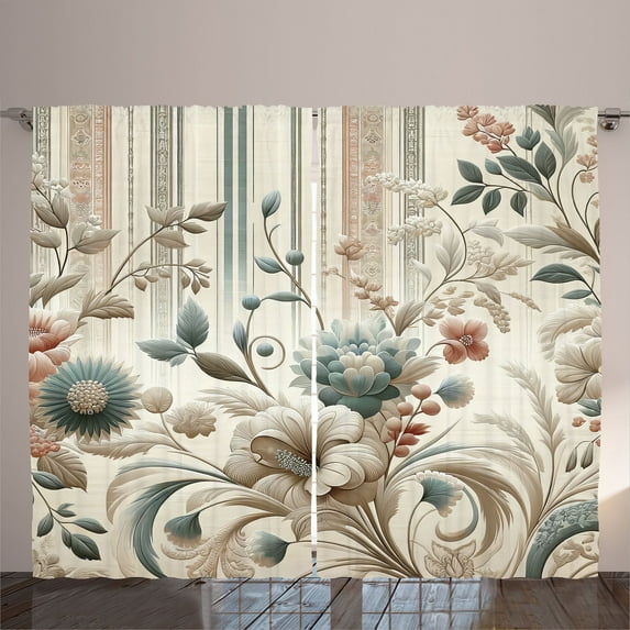 Ambesonne Vintage Curtains 2 Panel Set, Soft Color Floral Nostalgia, 108" x 90", Eggshell Pale Slate Blue
