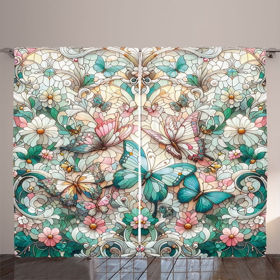 Ambesonne Vintage Curtains 2 Panel Set, Spring Aura Daisy Garden, 108" x 96", Aqua Blush Off White