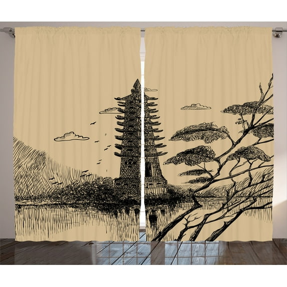 Ambesonne Vintage Curtains 2 Panel Set, Taoist House of Faith, 108" x 90", Pale Brown Black