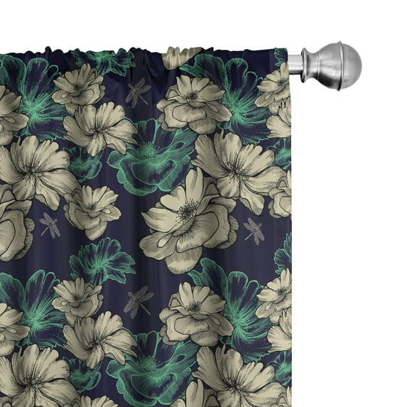 Ambesonne Vintage Curtains, Blossoms Dragonflies, Pair of 28"x84", Mint Green and Dark Blue