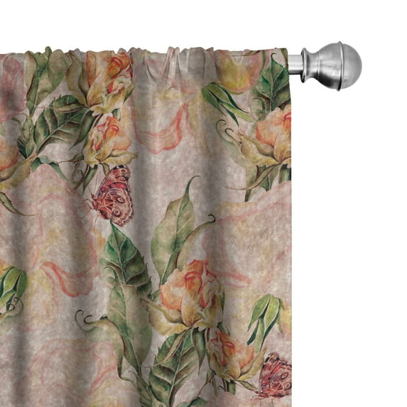 Ambesonne Vintage Curtains, Grunge Roses Butterflies, Pair of 28"x95", Peach and Olive Green