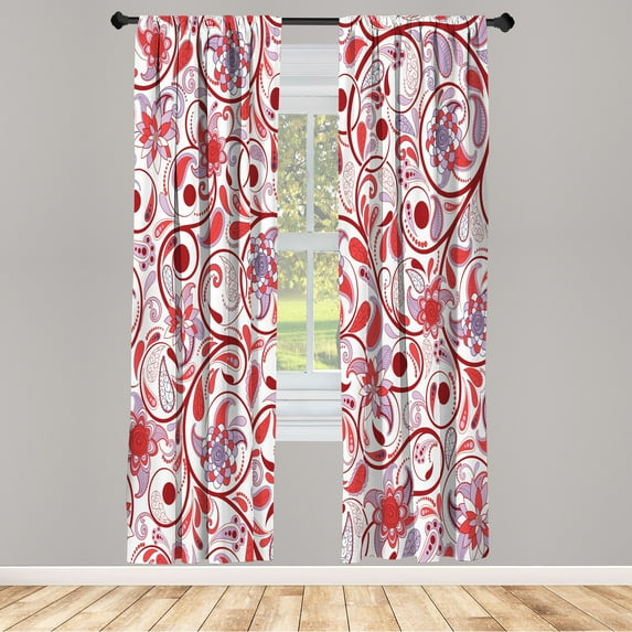 Ambesonne Vintage Curtains, Leafy Oriental Scroll Print, Pair of 28"x63", Maroon Pink