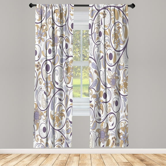 Ambesonne Vintage Curtains, Leafy Oriental Scroll Print, Pair of 28"x84", Camel Ivory