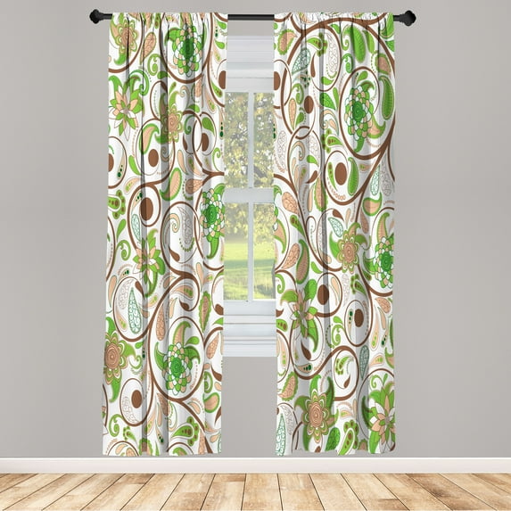 Ambesonne Vintage Curtains, Leafy Oriental Scroll Print, Pair of 28"x95", Green Chocolate