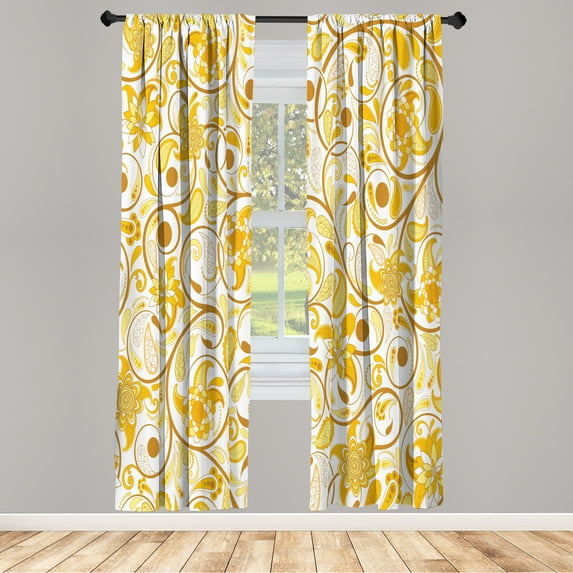 Ambesonne Vintage Curtains, Leaves with Eastern Design, Pair of 28"x84", Mustard Caramel