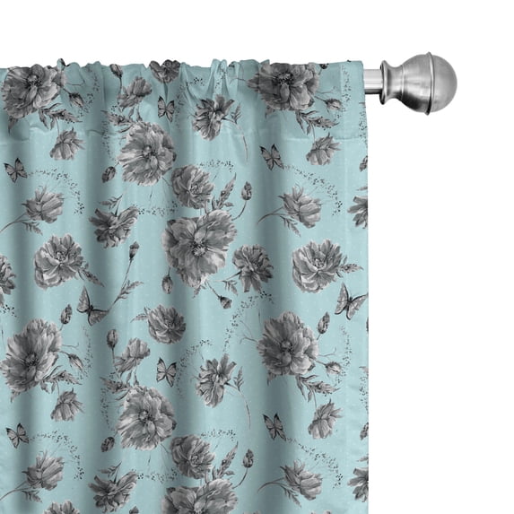 Ambesonne Vintage Curtains, Monochrome WildFlowers, Pair of 28"x95", Charcoal Grey Pale Blue