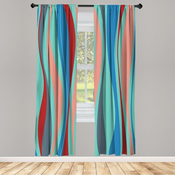 Ambesonne Vintage Curtains, Retro Stripes Funky Print, Pair of 28"x84", Turquoise Coral