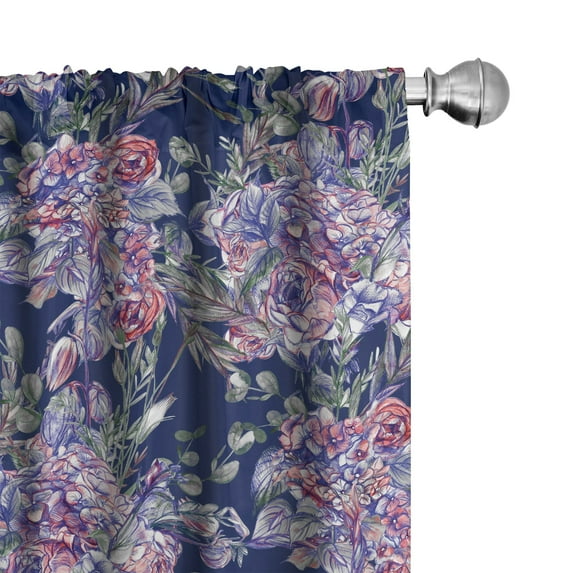 Ambesonne Vintage Curtains, Rose Hydrangea Watercolor, Pair of 28"x63", Navy Blue and Reseda Green