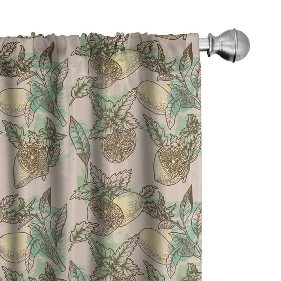 Ambesonne Vintage Curtains, Sliced Lemon and Peppermint, Pair of 28"x95", Seafoam Pale Green